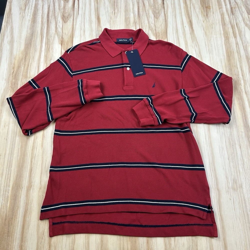 Nautica Men's NEW Striped Knit Polo Red Long Sleeve Cotton Medium Preppy